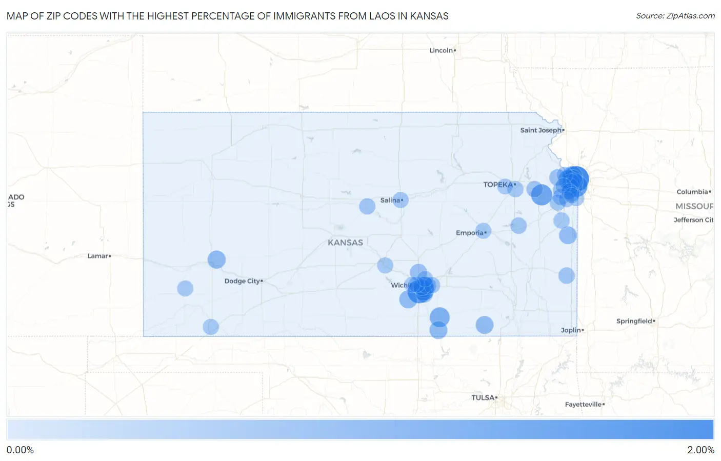 Zip Codes with the Highest Percentage of Immigrants from Laos in Kansas Map