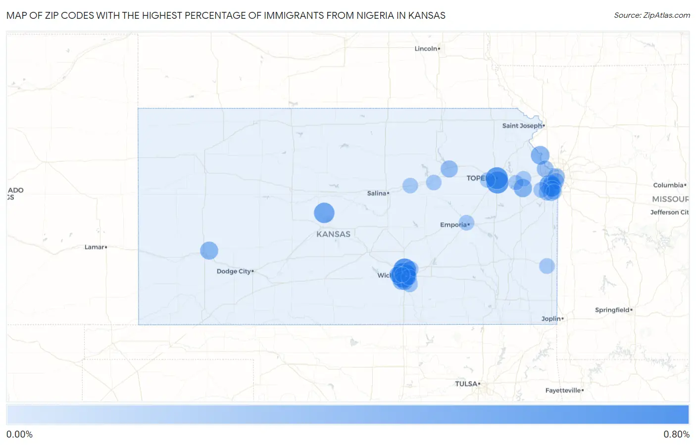 Zip Codes with the Highest Percentage of Immigrants from Nigeria in Kansas Map