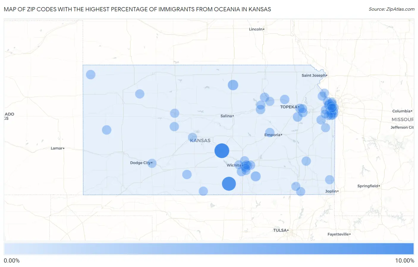 Zip Codes with the Highest Percentage of Immigrants from Oceania in Kansas Map