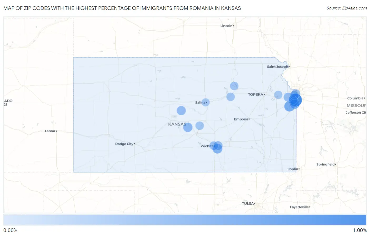 Zip Codes with the Highest Percentage of Immigrants from Romania in Kansas Map