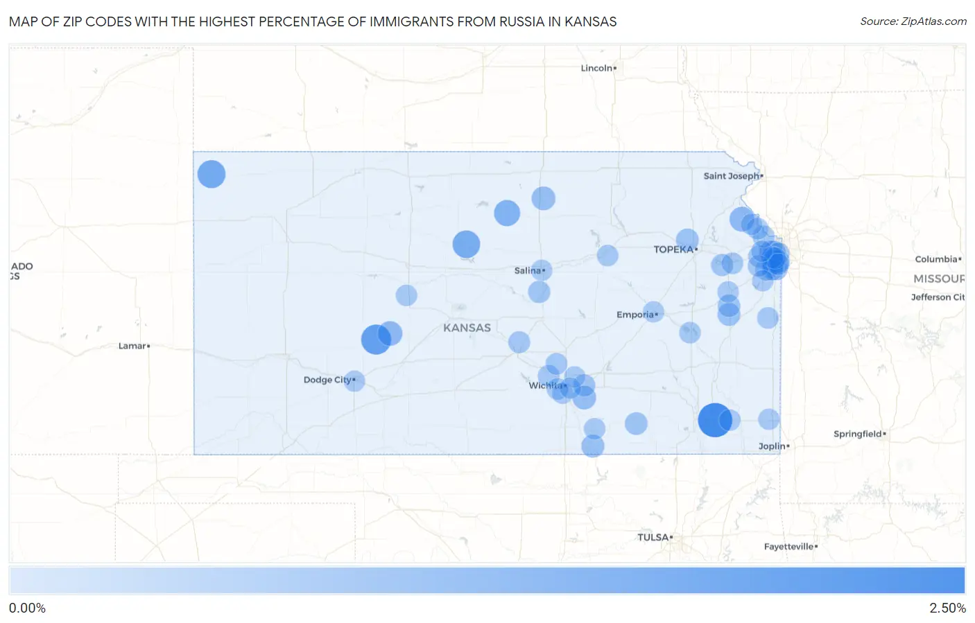Zip Codes with the Highest Percentage of Immigrants from Russia in Kansas Map