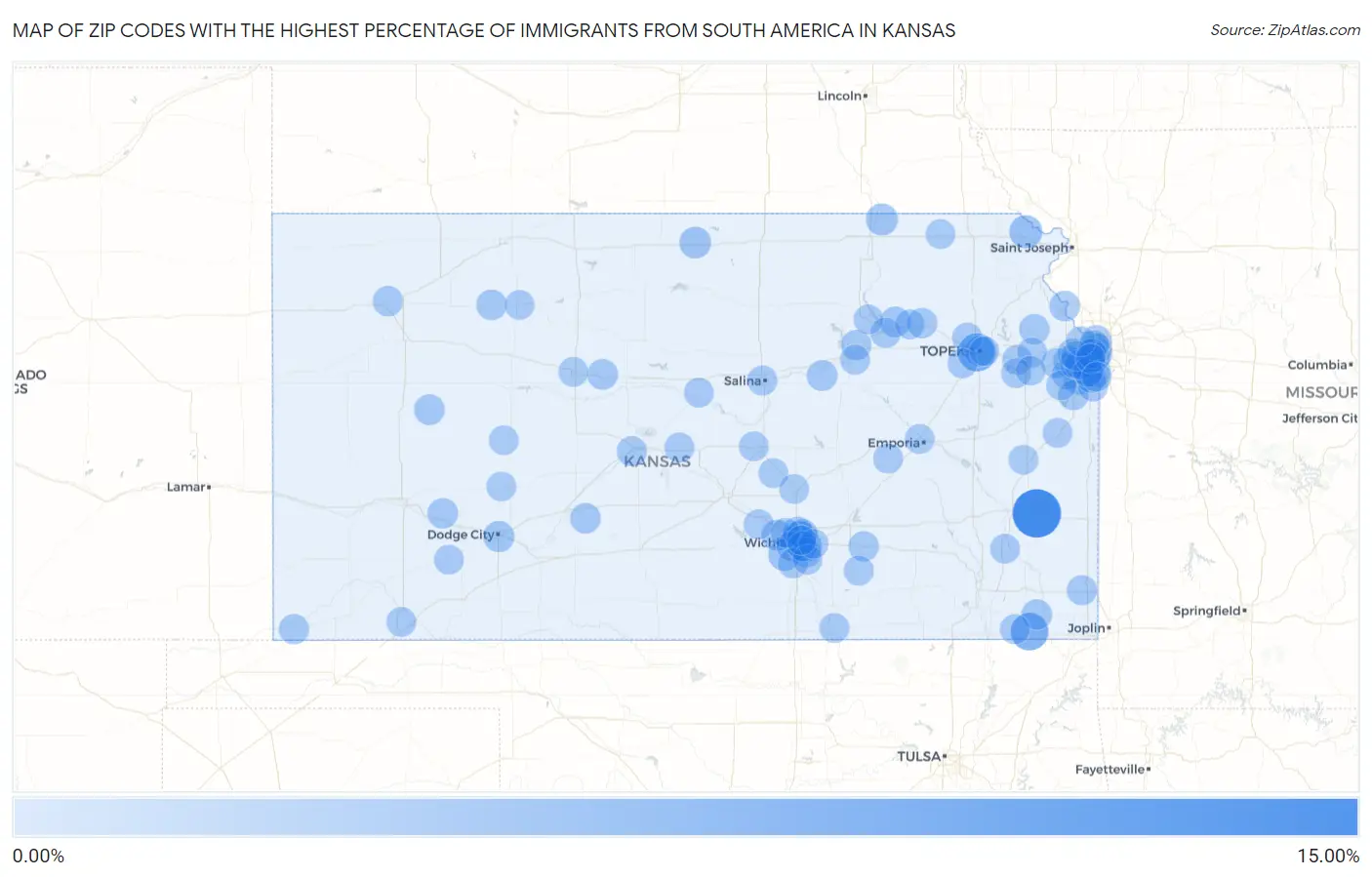 Zip Codes with the Highest Percentage of Immigrants from South America in Kansas Map