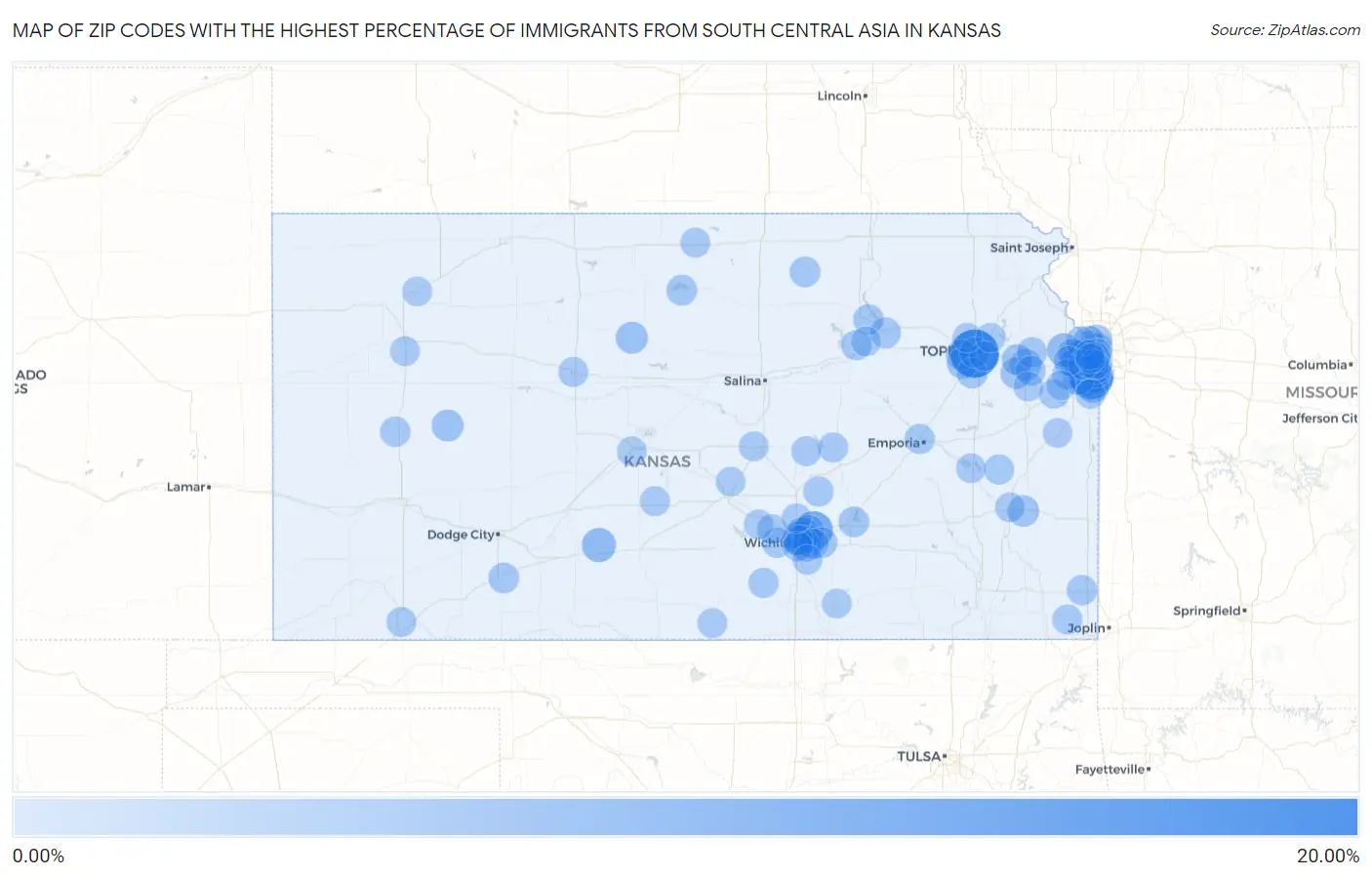 Zip Codes with the Highest Percentage of Immigrants from South Central Asia in Kansas Map