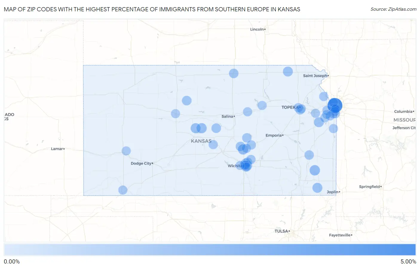 Zip Codes with the Highest Percentage of Immigrants from Southern Europe in Kansas Map