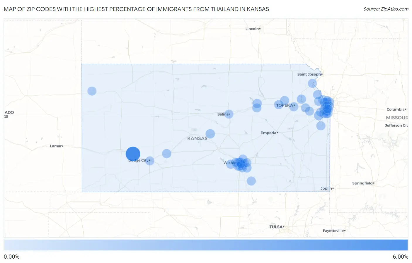 Zip Codes with the Highest Percentage of Immigrants from Thailand in Kansas Map