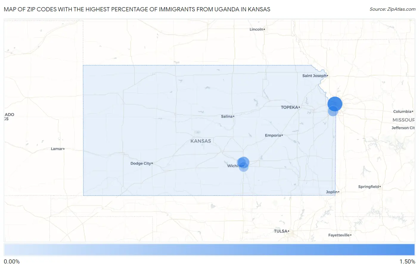 Zip Codes with the Highest Percentage of Immigrants from Uganda in Kansas Map