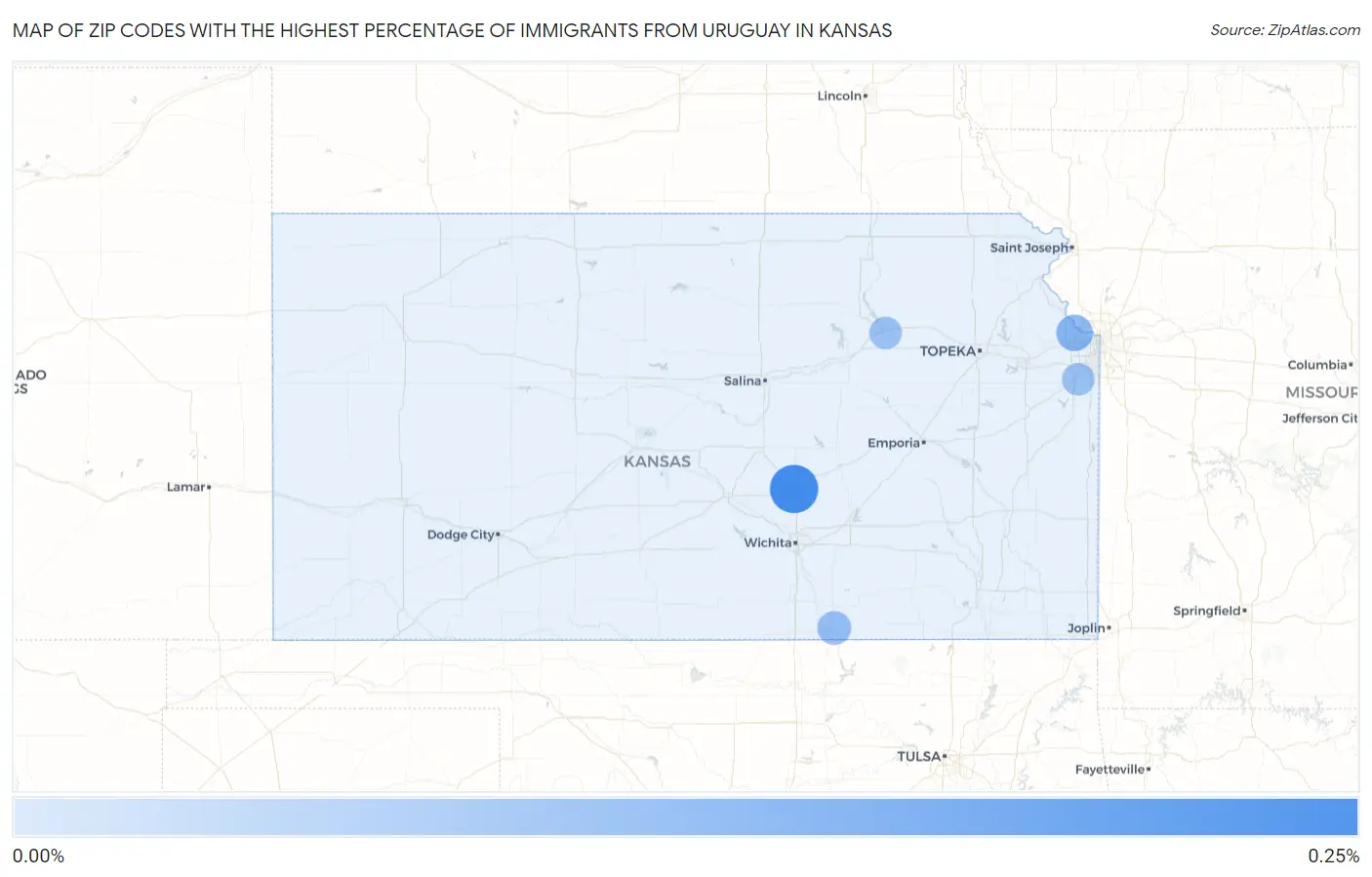 Zip Codes with the Highest Percentage of Immigrants from Uruguay in Kansas Map