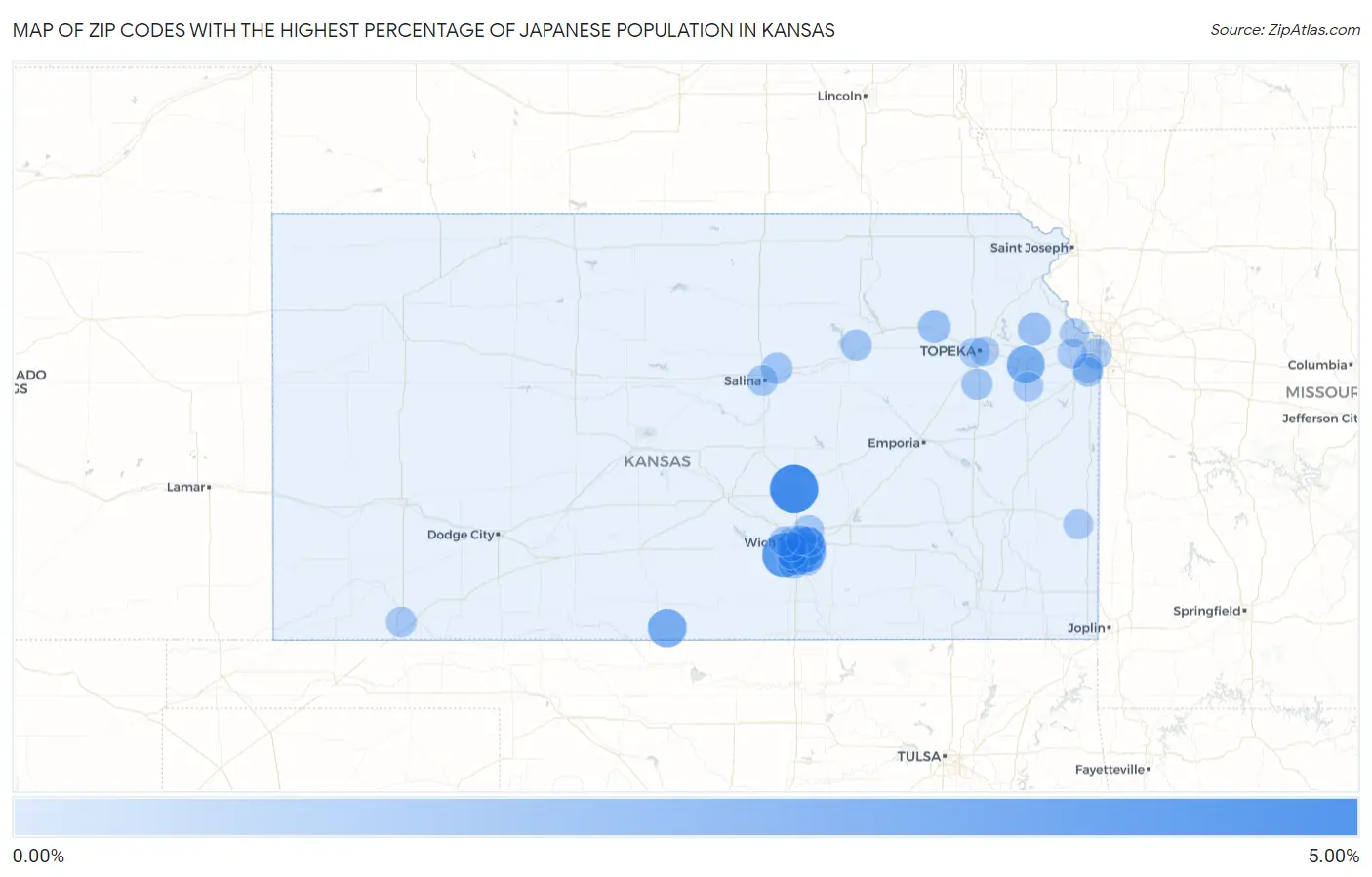 Zip Codes with the Highest Percentage of Japanese Population in Kansas Map