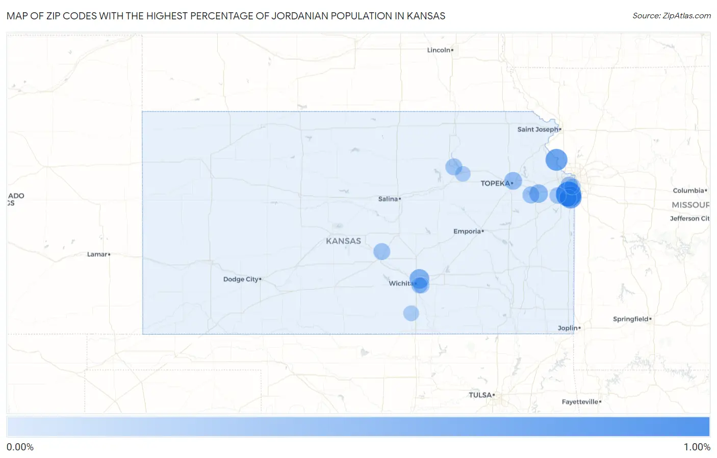Zip Codes with the Highest Percentage of Jordanian Population in Kansas Map
