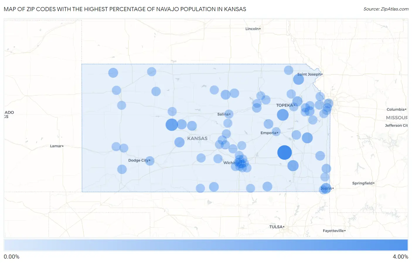 Zip Codes with the Highest Percentage of Navajo Population in Kansas Map