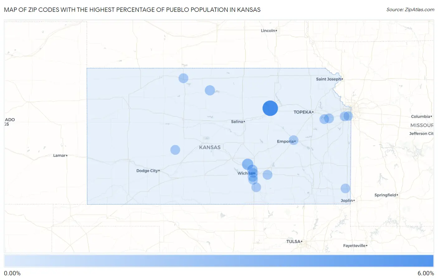 Zip Codes with the Highest Percentage of Pueblo Population in Kansas Map