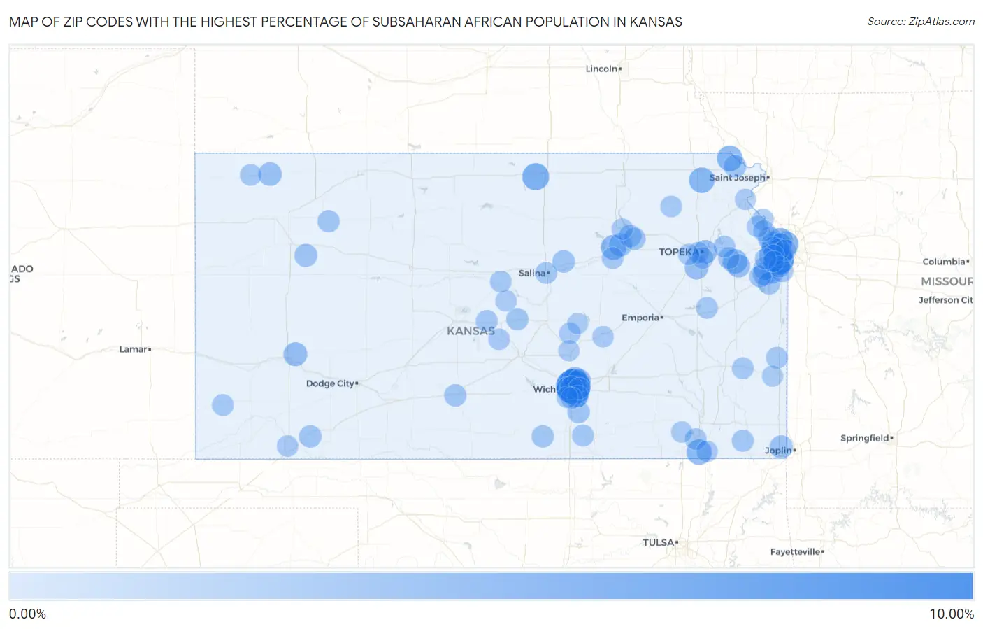 Zip Codes with the Highest Percentage of Subsaharan African Population in Kansas Map