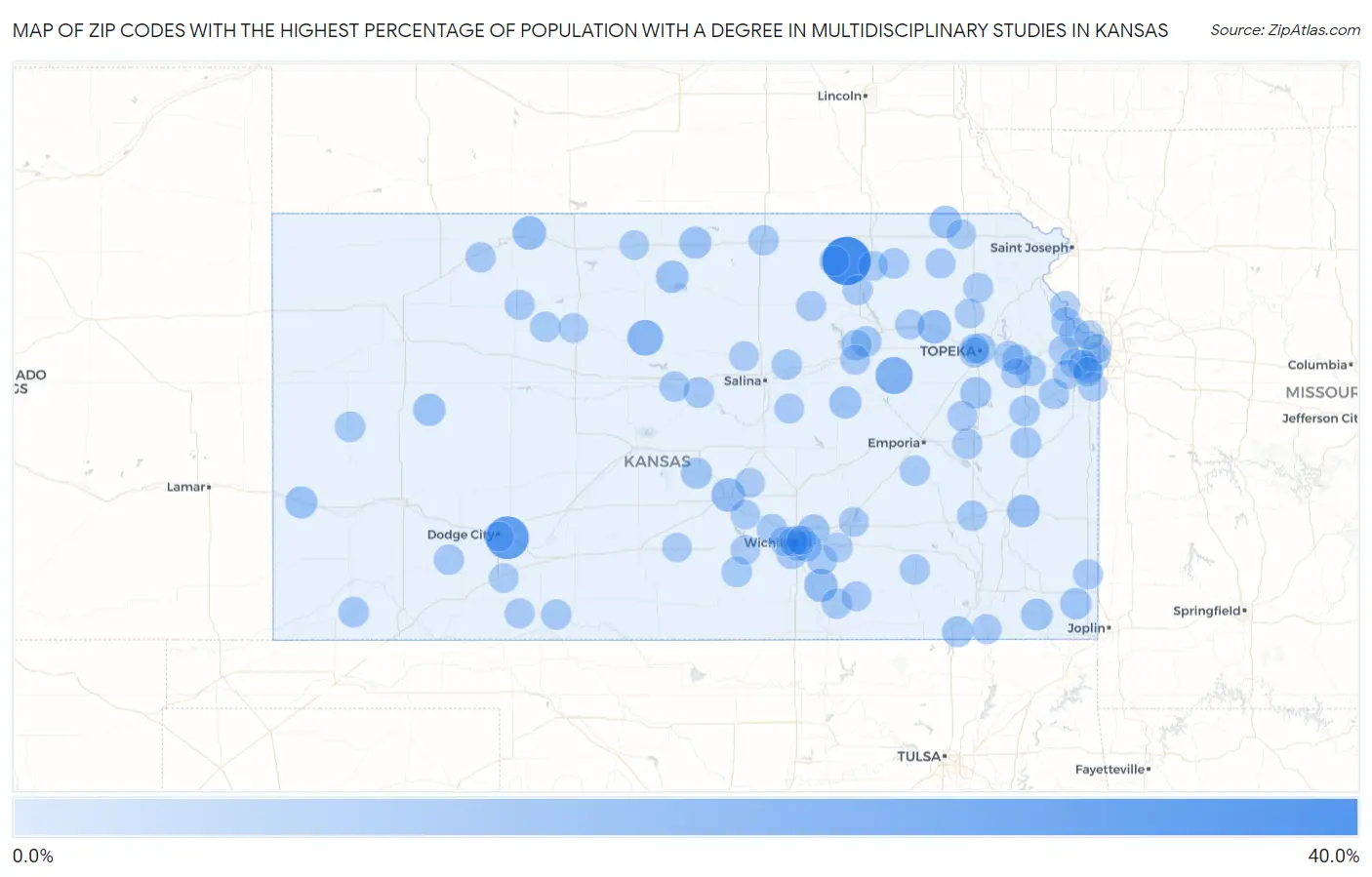 Zip Codes with the Highest Percentage of Population with a Degree in Multidisciplinary Studies in Kansas Map