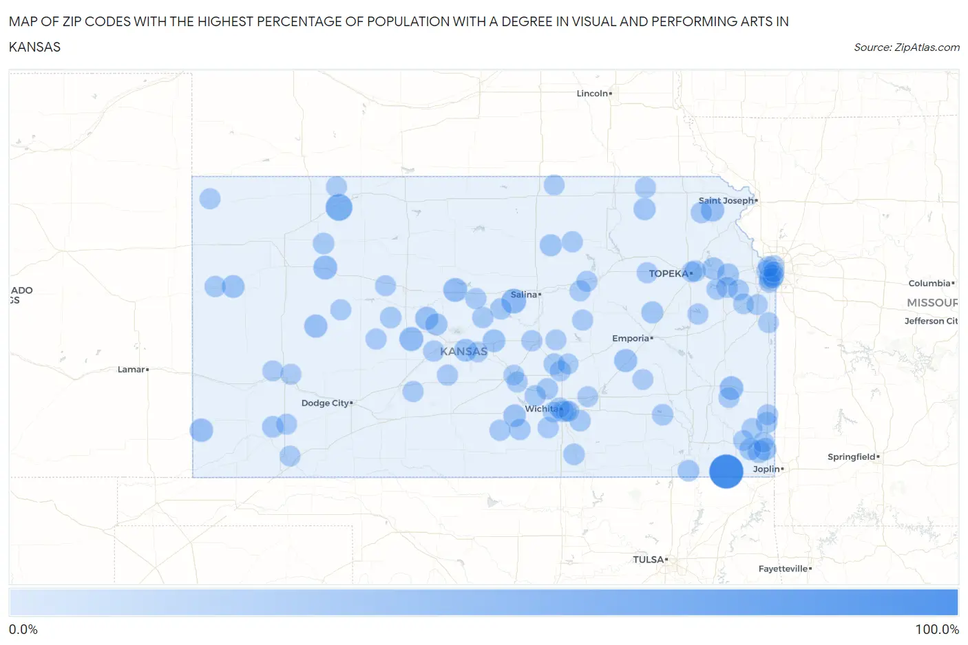 Zip Codes with the Highest Percentage of Population with a Degree in Visual and Performing Arts in Kansas Map