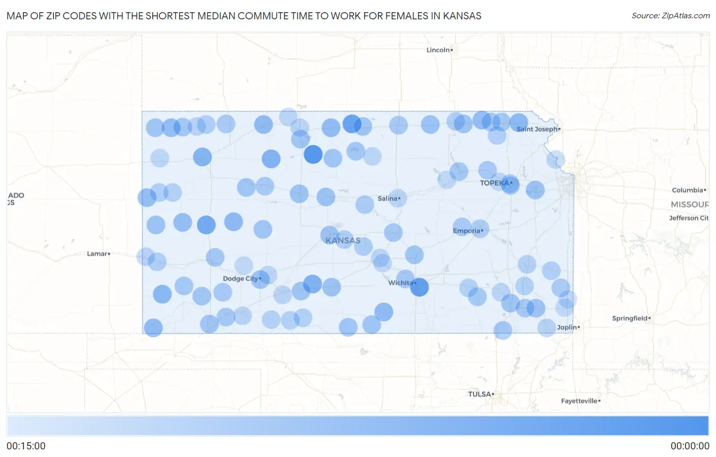 Zip Codes with the Shortest Median Commute Time to Work for Females in Kansas Map