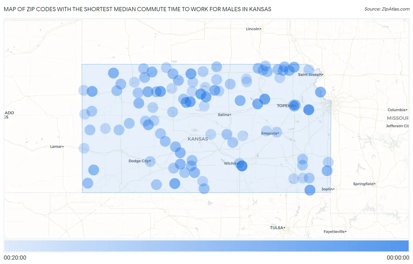 Zip Codes with the Shortest Median Commute Time to Work for Males in Kansas Map
