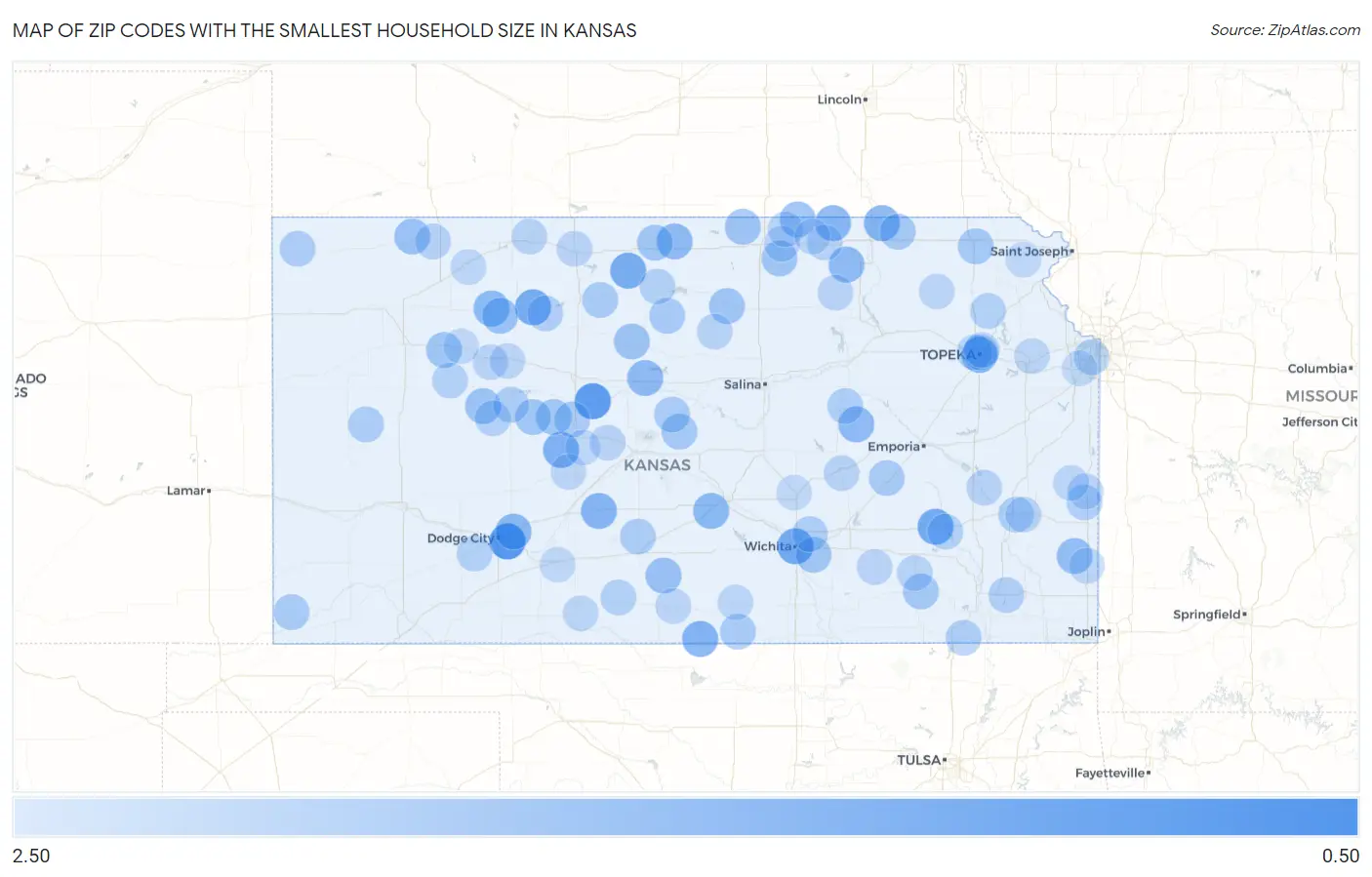 Zip Codes with the Smallest Household Size in Kansas Map