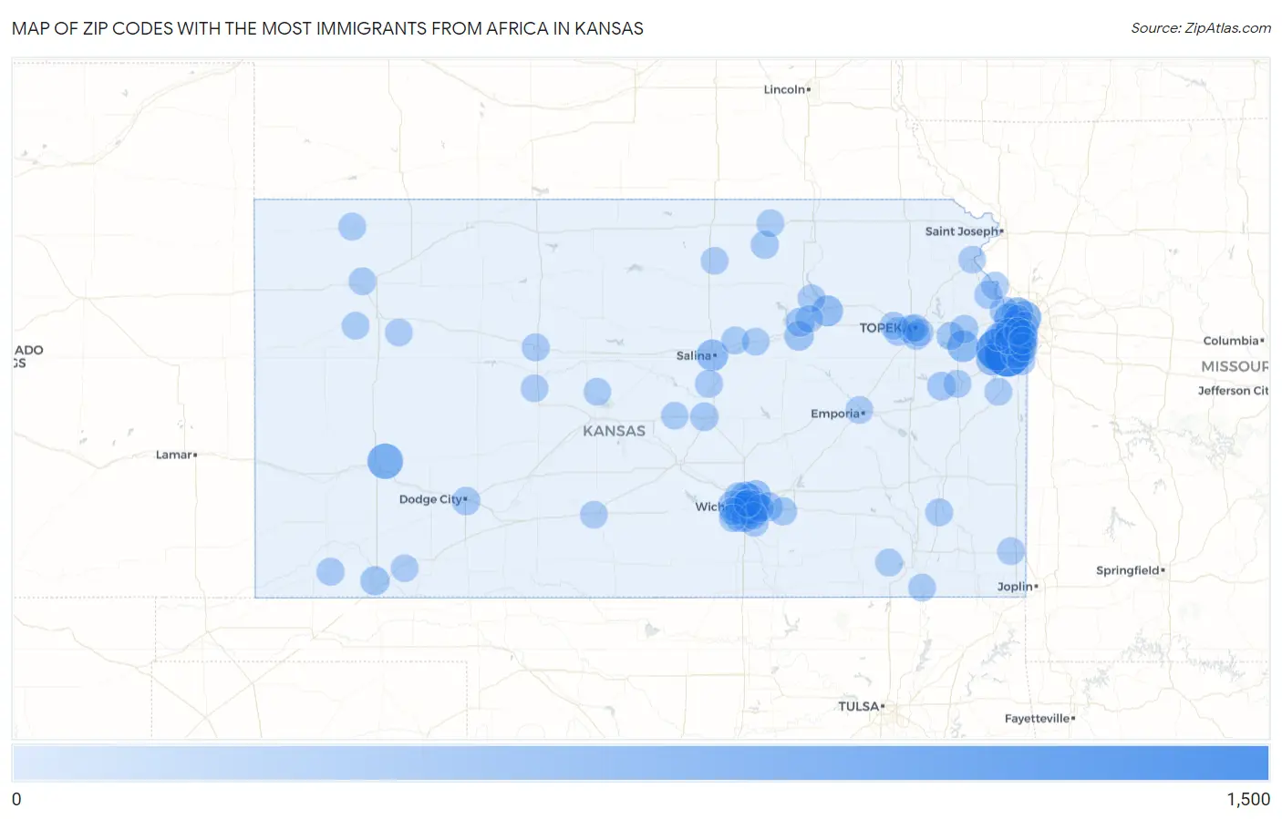 Zip Codes with the Most Immigrants from Africa in Kansas Map