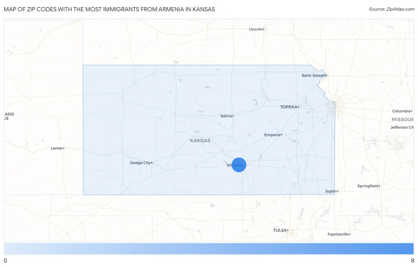 Zip Codes with the Most Immigrants from Armenia in Kansas Map