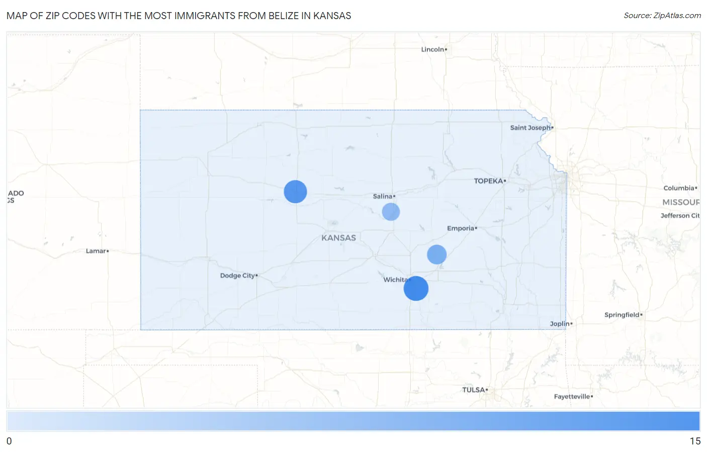 Zip Codes with the Most Immigrants from Belize in Kansas Map