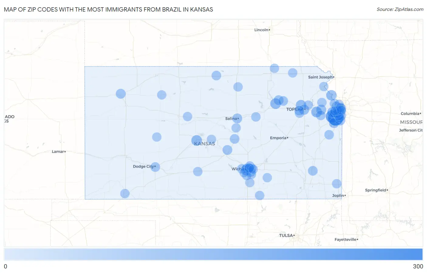 Zip Codes with the Most Immigrants from Brazil in Kansas Map