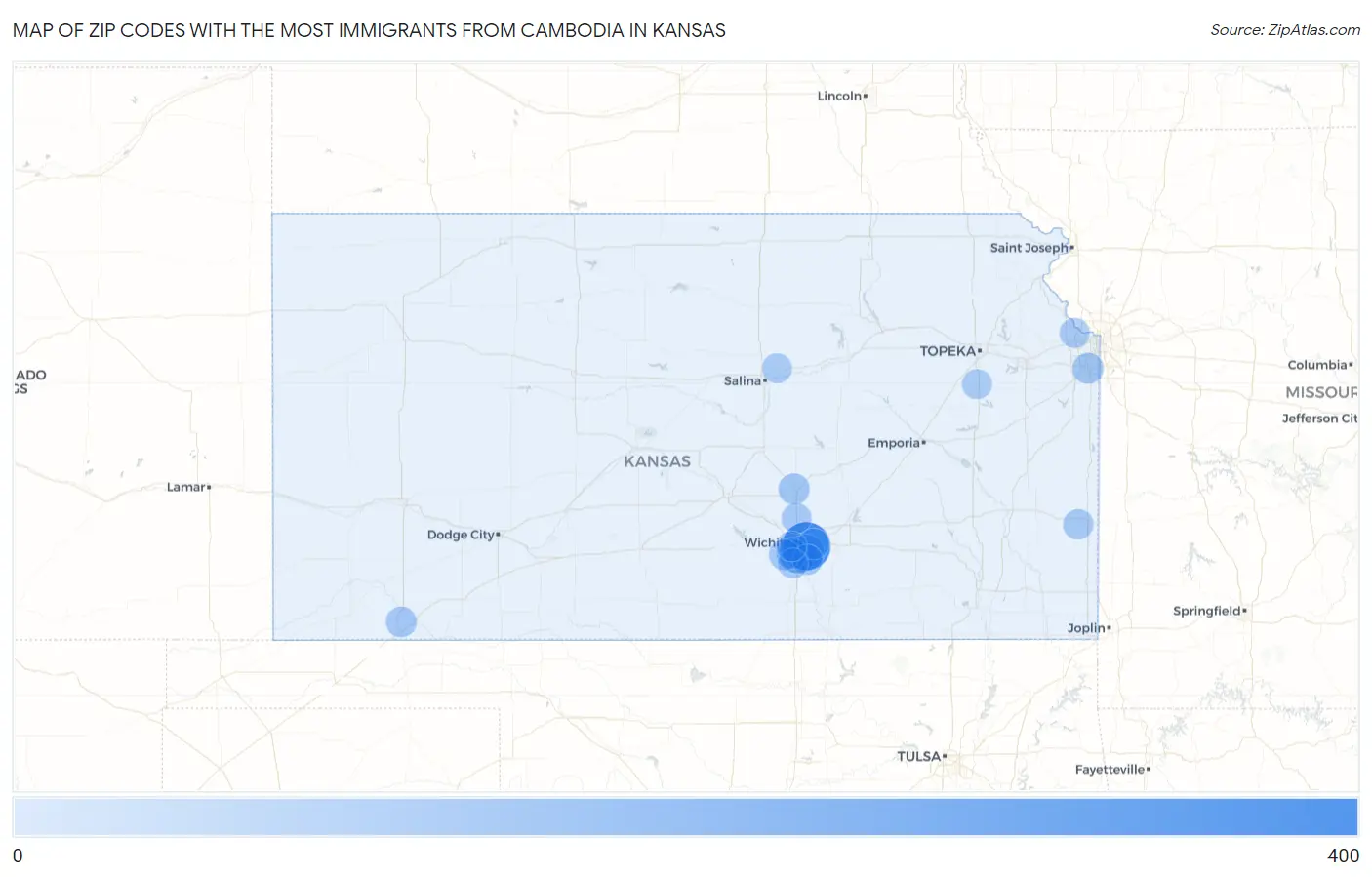 Zip Codes with the Most Immigrants from Cambodia in Kansas Map