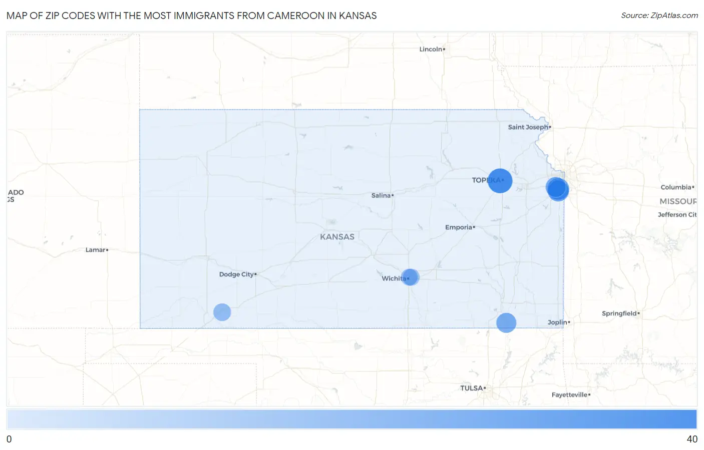 Zip Codes with the Most Immigrants from Cameroon in Kansas Map