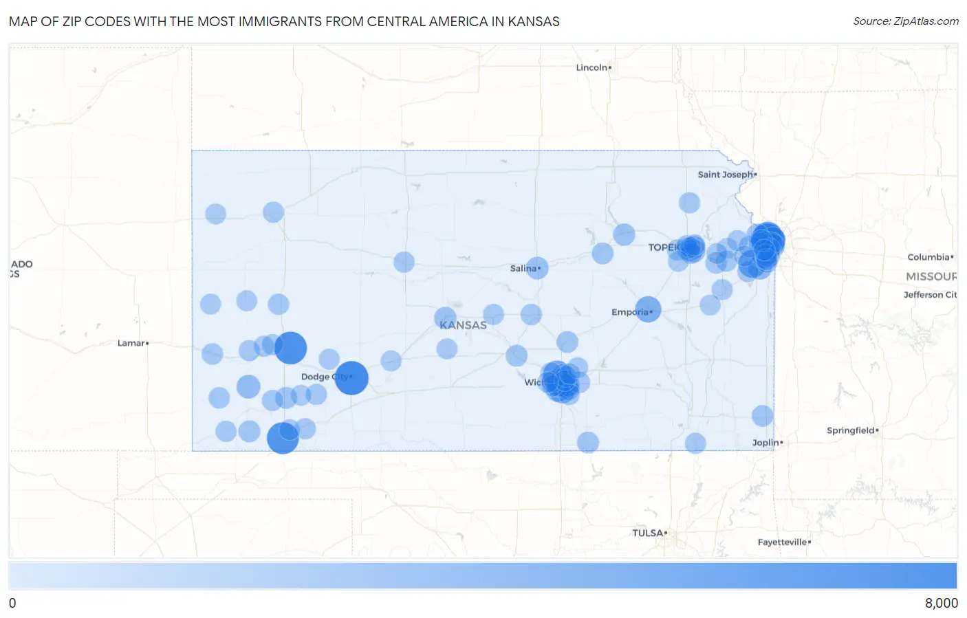 Zip Codes with the Most Immigrants from Central America in Kansas Map