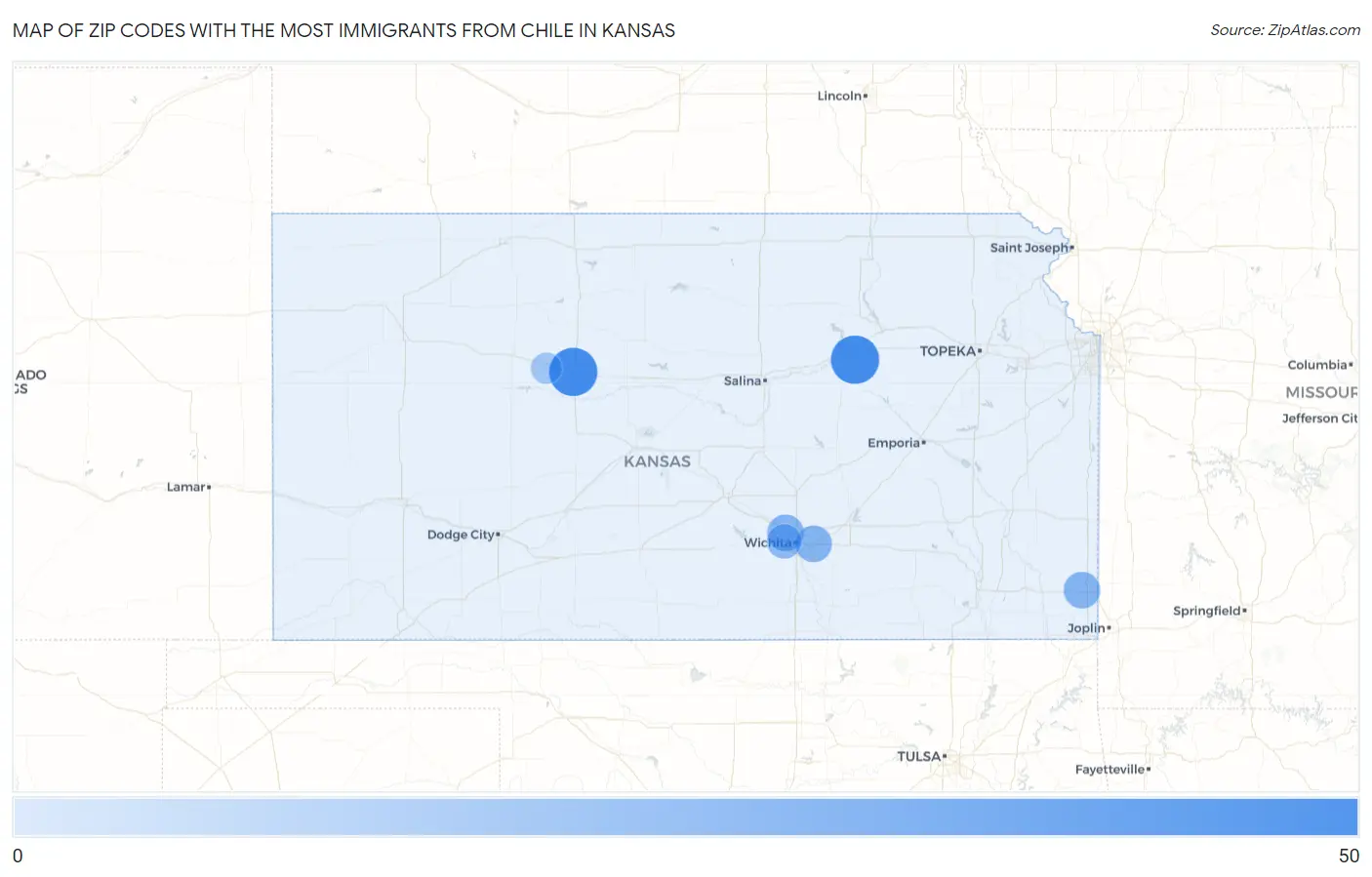 Zip Codes with the Most Immigrants from Chile in Kansas Map