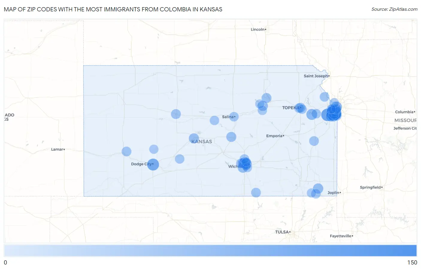 Zip Codes with the Most Immigrants from Colombia in Kansas Map