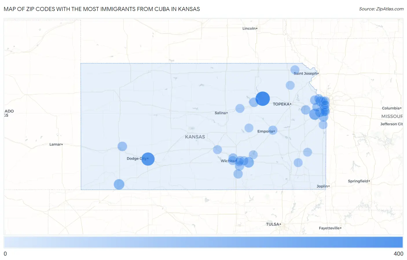 Zip Codes with the Most Immigrants from Cuba in Kansas Map