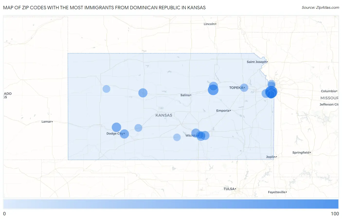 Zip Codes with the Most Immigrants from Dominican Republic in Kansas Map