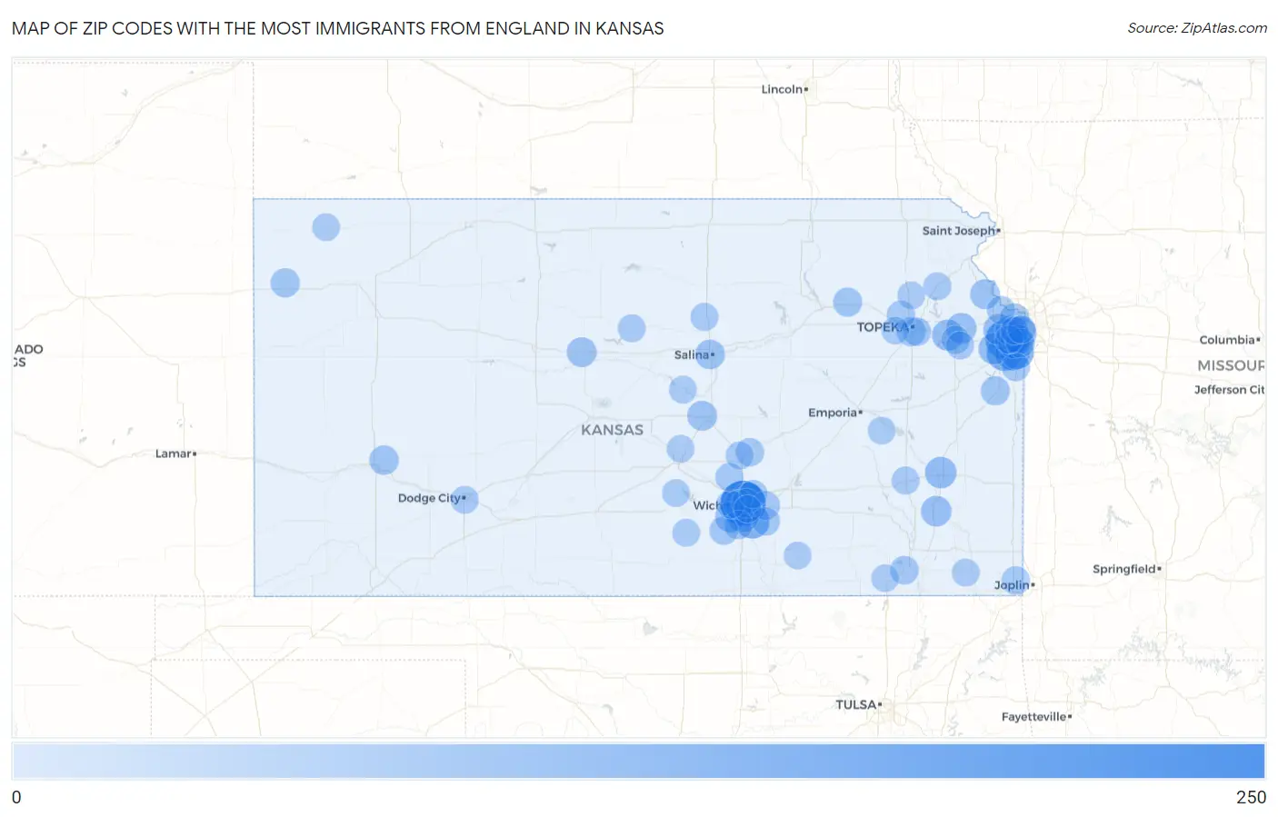 Zip Codes with the Most Immigrants from England in Kansas Map