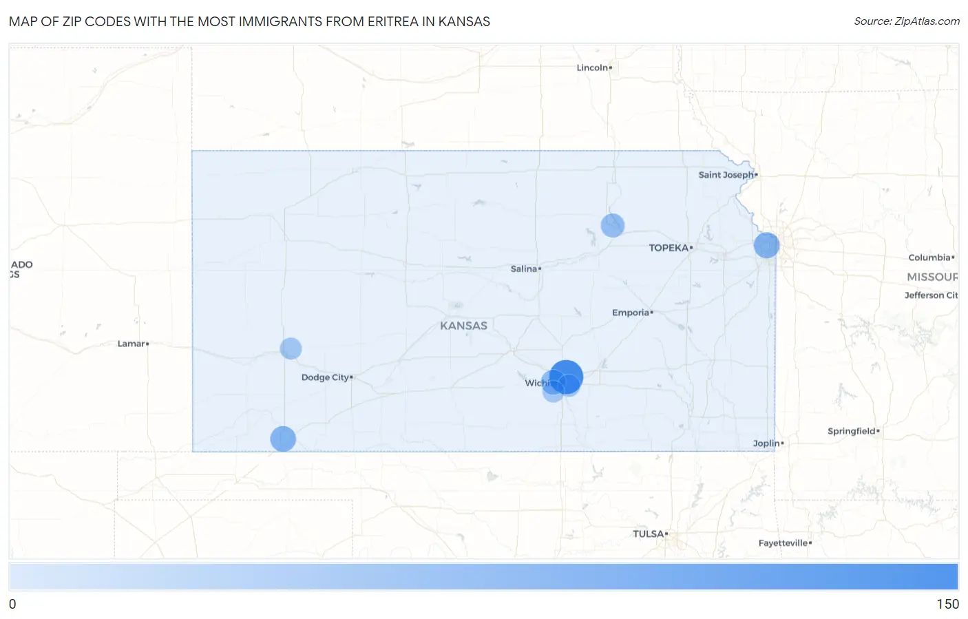 Zip Codes with the Most Immigrants from Eritrea in Kansas Map