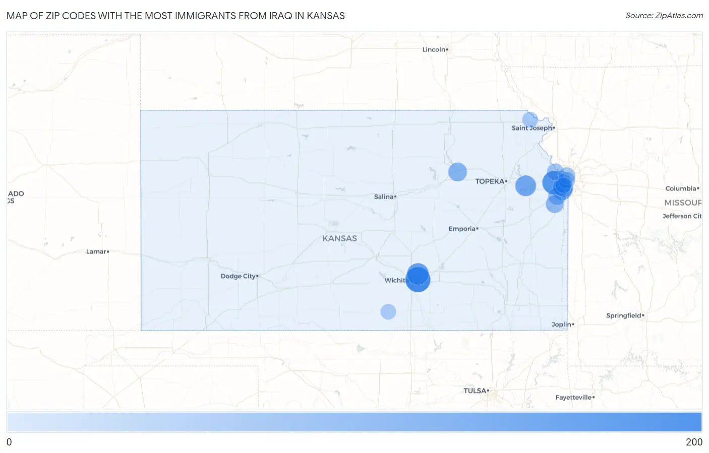 Zip Codes with the Most Immigrants from Iraq in Kansas Map