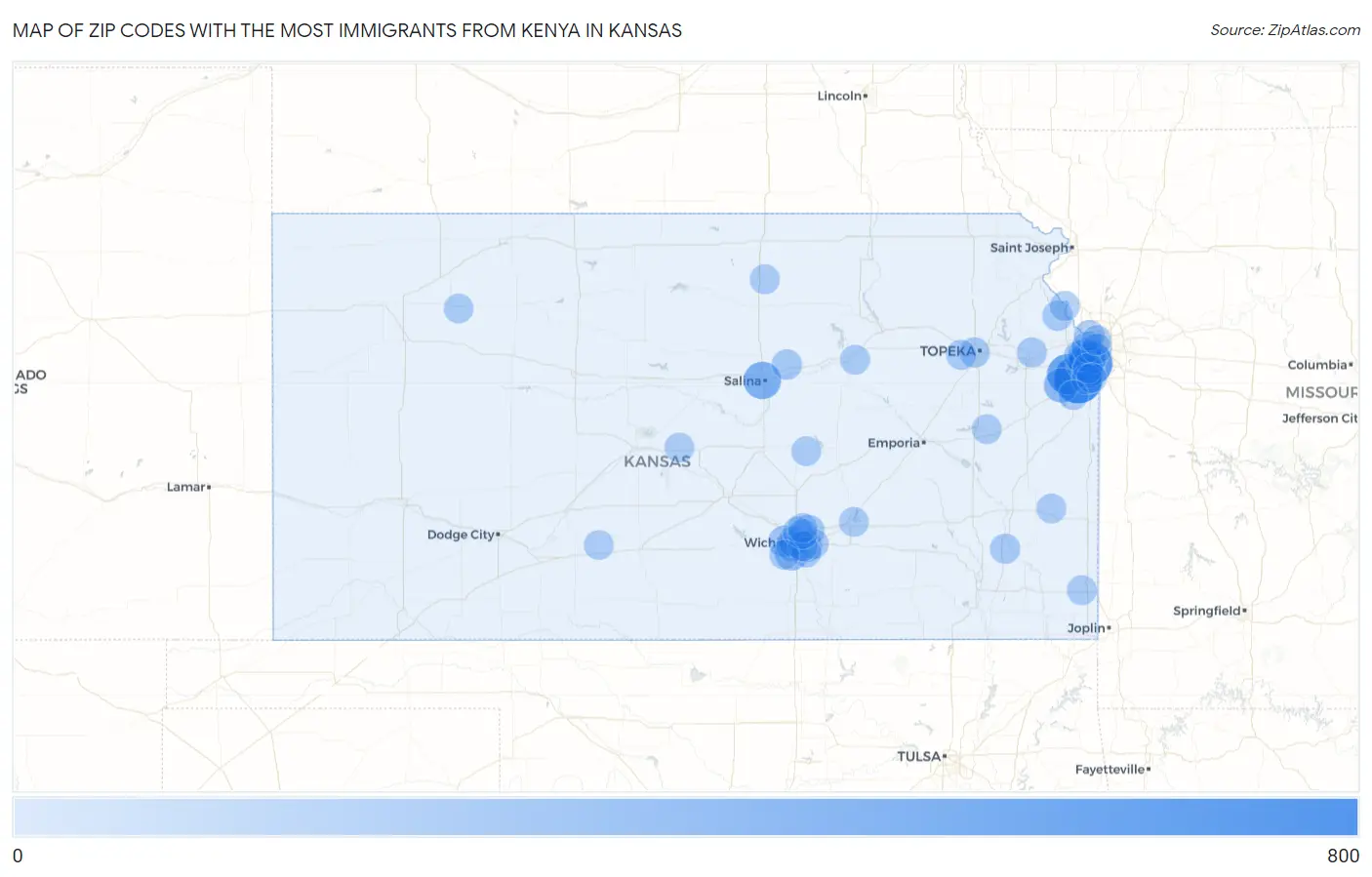 Zip Codes with the Most Immigrants from Kenya in Kansas Map