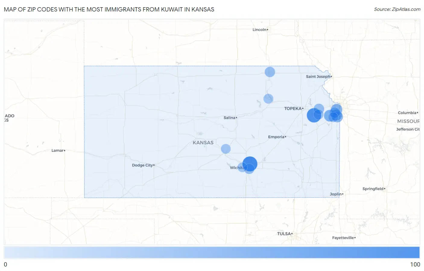 Zip Codes with the Most Immigrants from Kuwait in Kansas Map