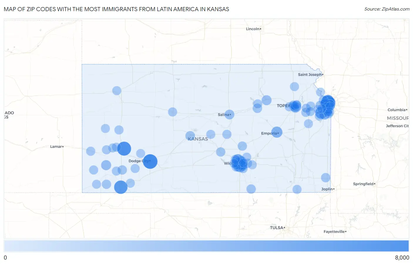 Zip Codes with the Most Immigrants from Latin America in Kansas Map