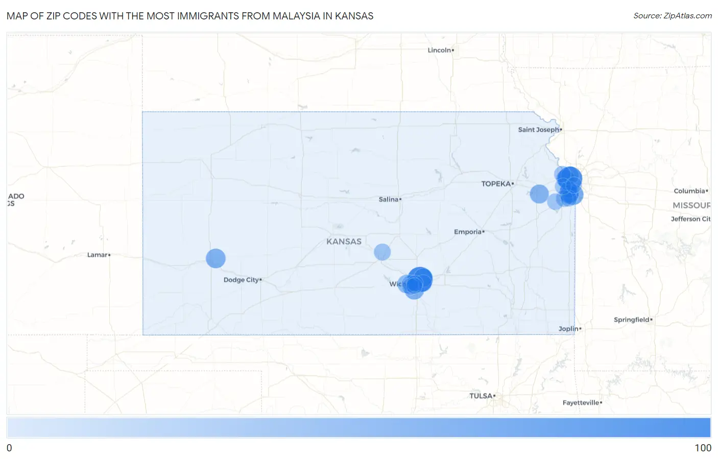Zip Codes with the Most Immigrants from Malaysia in Kansas Map