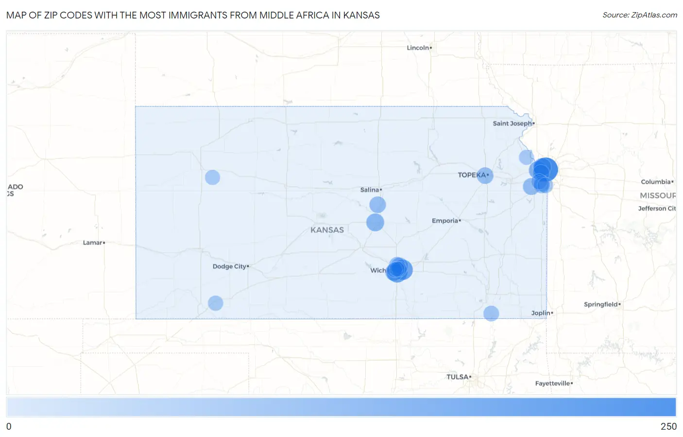 Zip Codes with the Most Immigrants from Middle Africa in Kansas Map