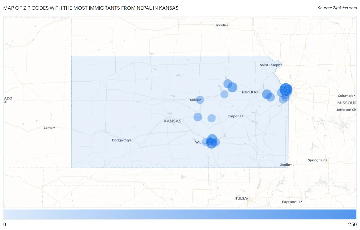 Zip Codes with the Most Immigrants from Nepal in Kansas Map