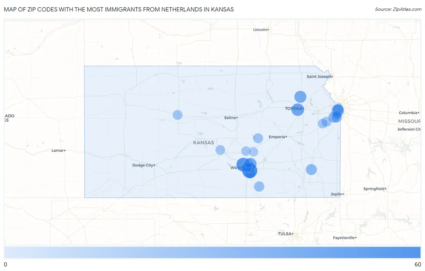 Zip Codes with the Most Immigrants from Netherlands in Kansas Map