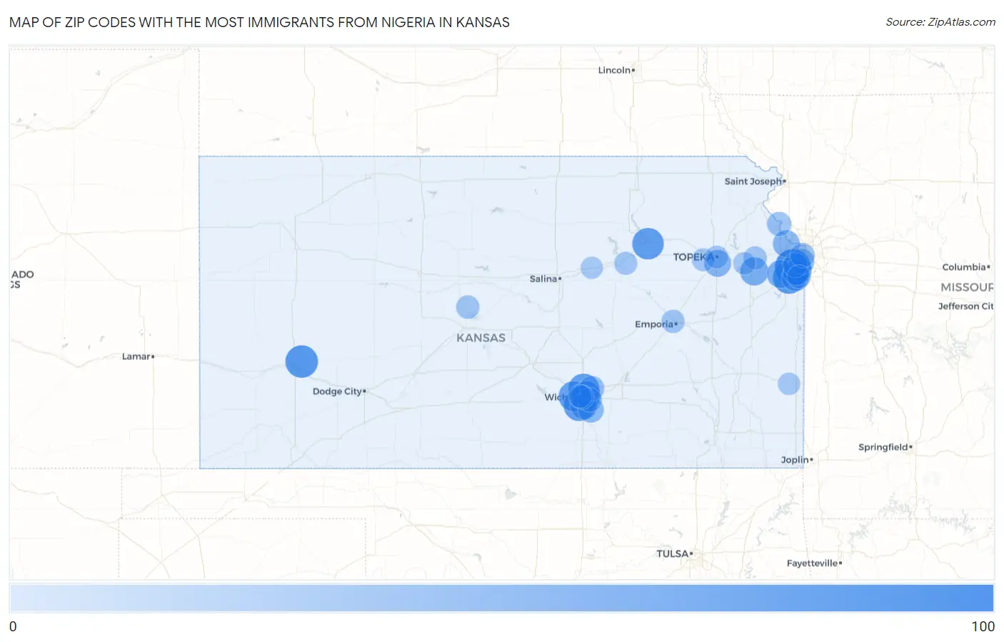 Zip Codes with the Most Immigrants from Nigeria in Kansas Map