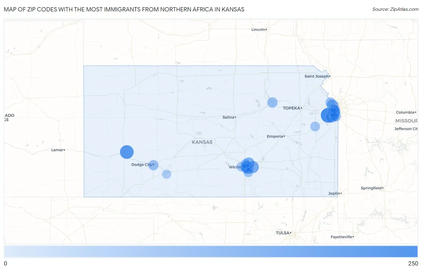 Zip Codes with the Most Immigrants from Northern Africa in Kansas Map