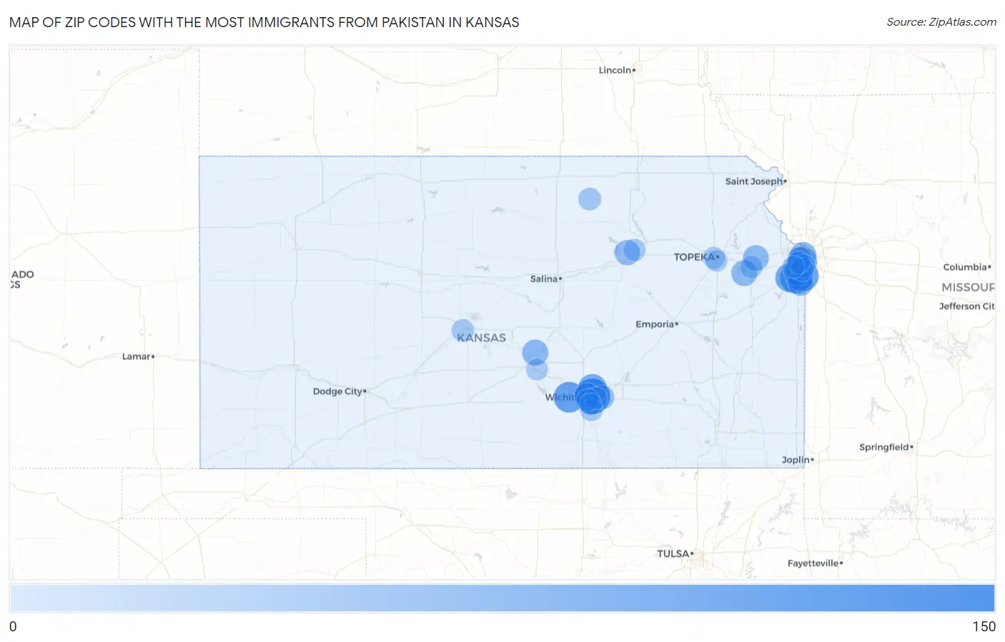 Zip Codes with the Most Immigrants from Pakistan in Kansas Map