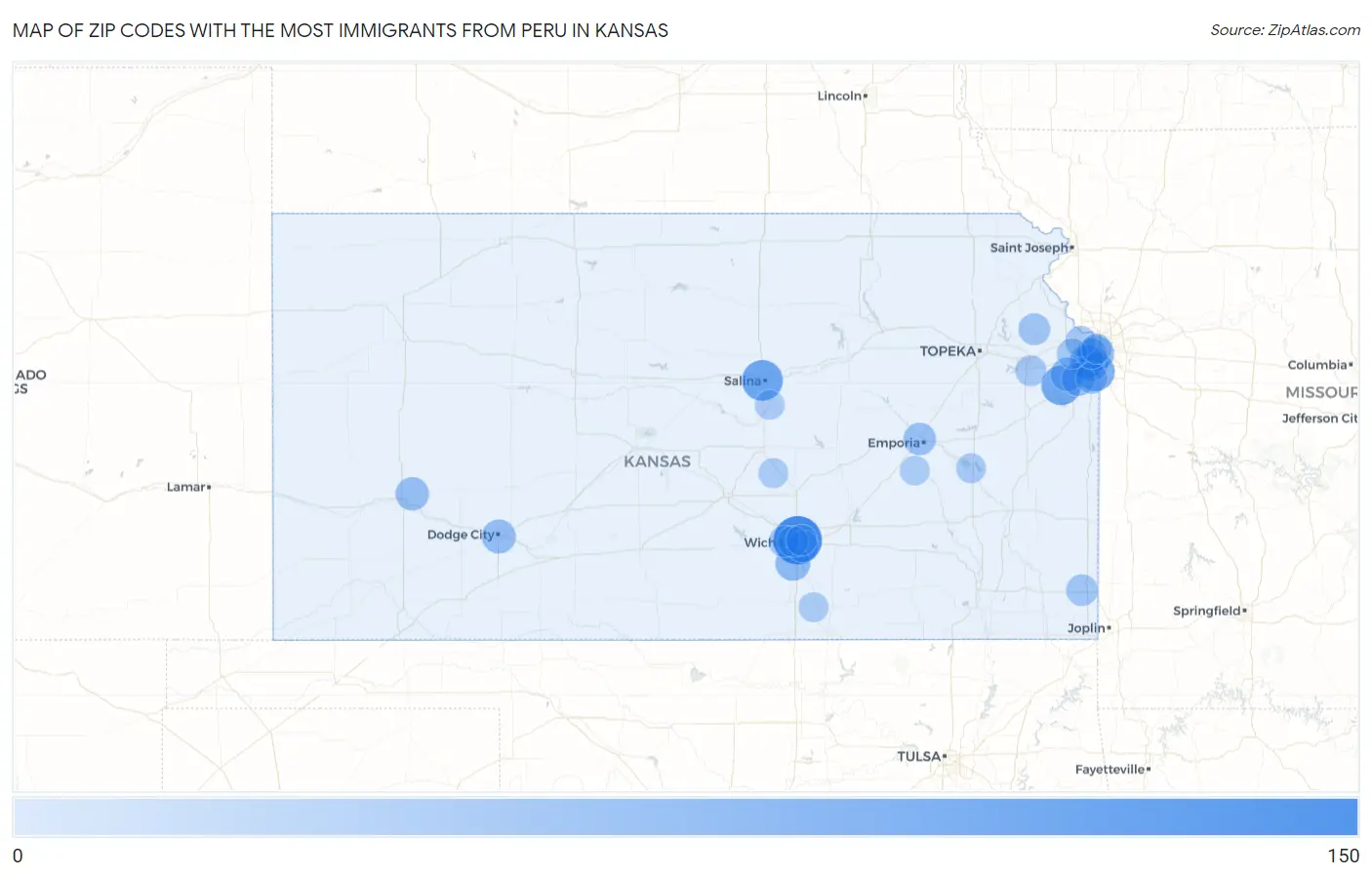 Zip Codes with the Most Immigrants from Peru in Kansas Map