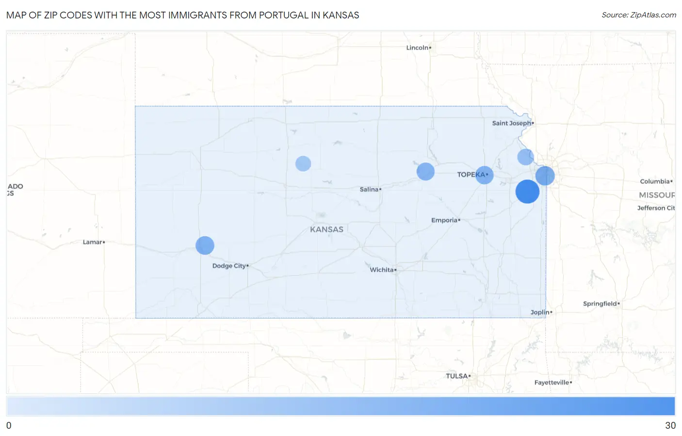 Zip Codes with the Most Immigrants from Portugal in Kansas Map