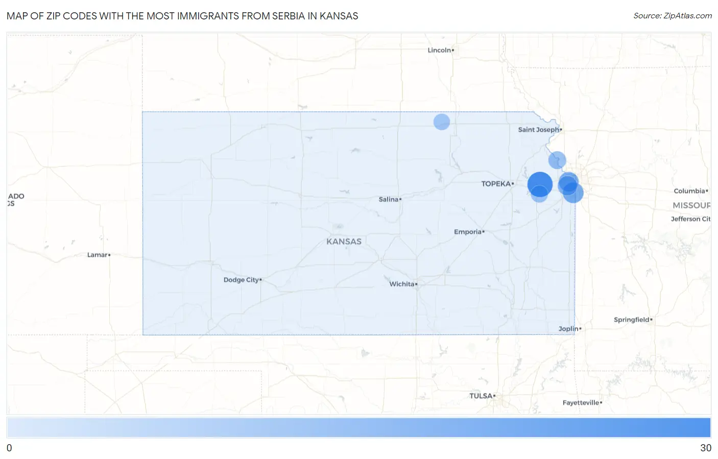 Zip Codes with the Most Immigrants from Serbia in Kansas Map