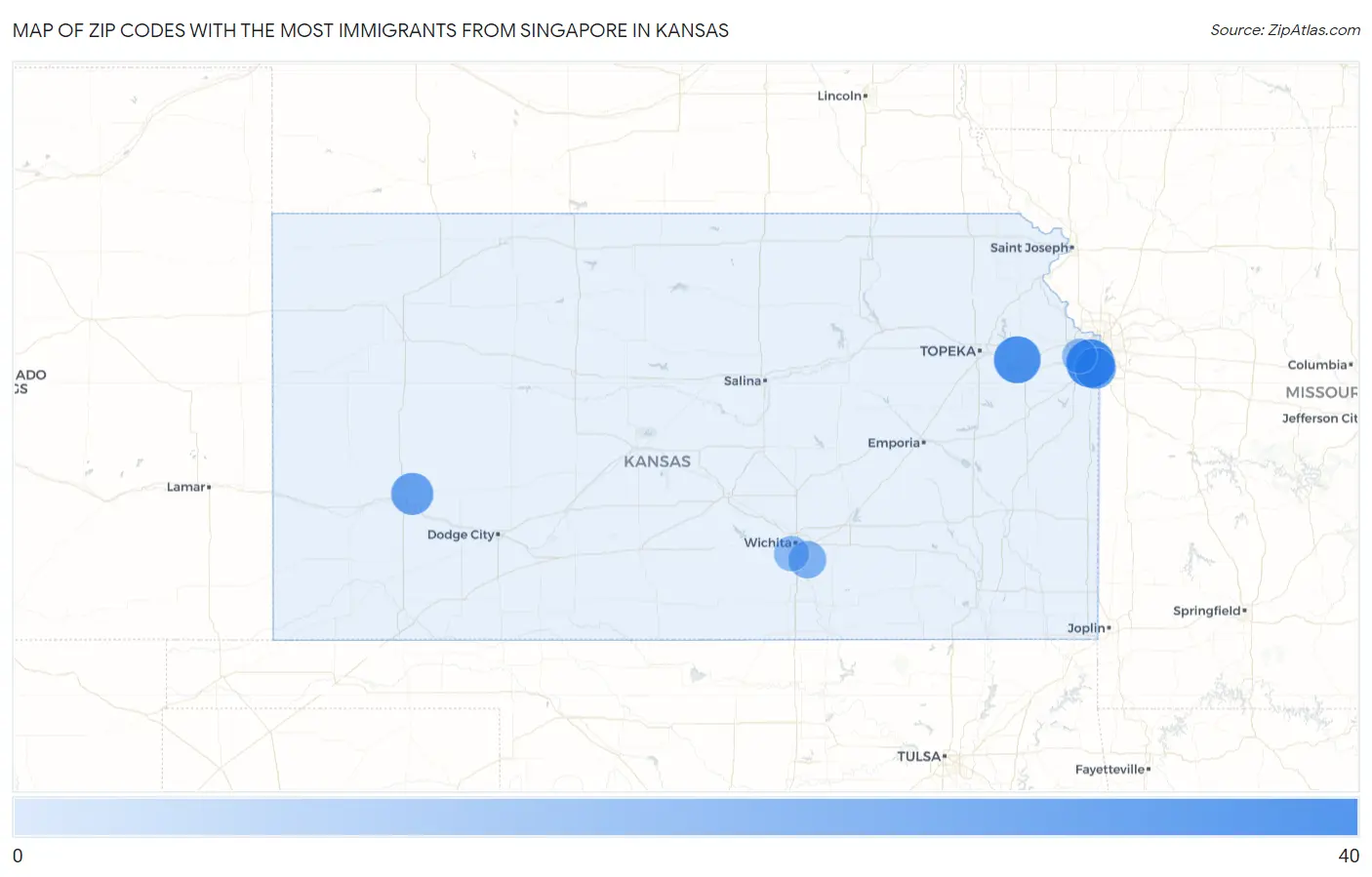 Zip Codes with the Most Immigrants from Singapore in Kansas Map