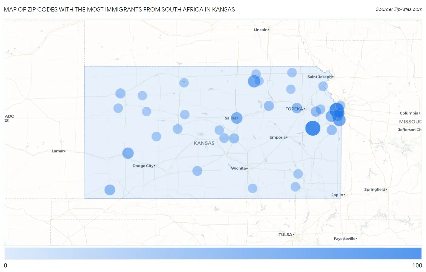Zip Codes with the Most Immigrants from South Africa in Kansas Map